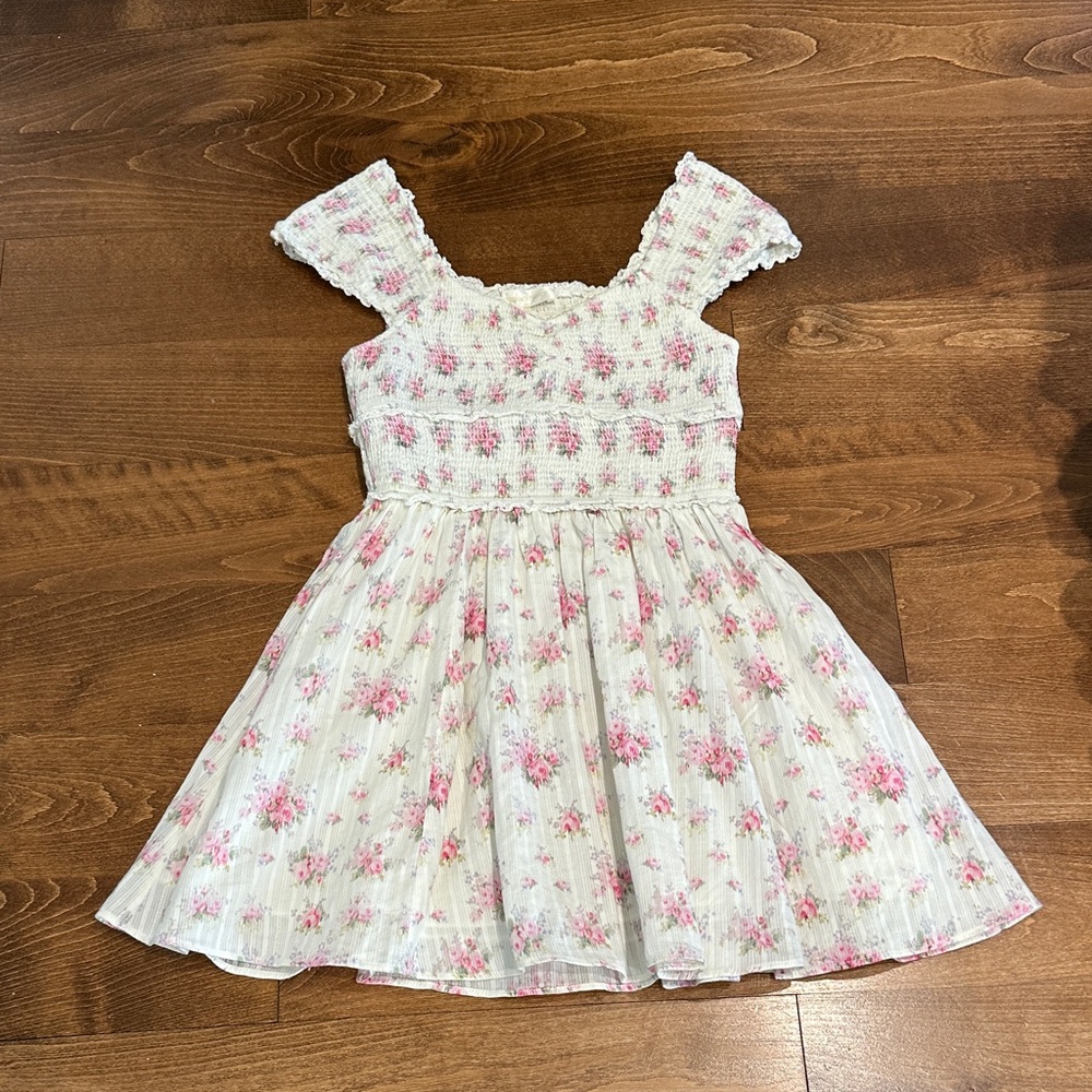 LoveShackFancy White Siona Floral Stripe
Smock Bodice Cotton Dress